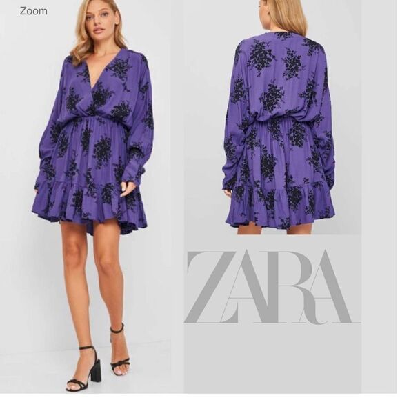 ZARA PURPLE SHORT FLORAL PRINT LOOSE-FITTING PLEATED DETAIL DRESS Sz-Med - Picture 1 of 15